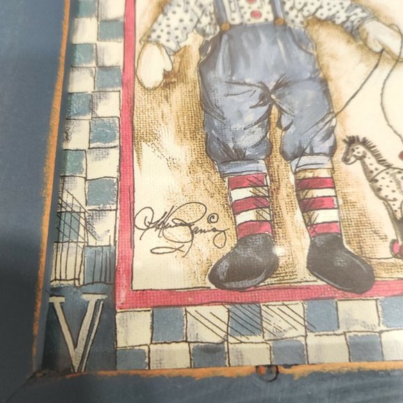 Set of VTG Rustic Signed Raggedy Ann & Raggedy Andy Blue Wooden Framed Prints - Picture 6 of 15